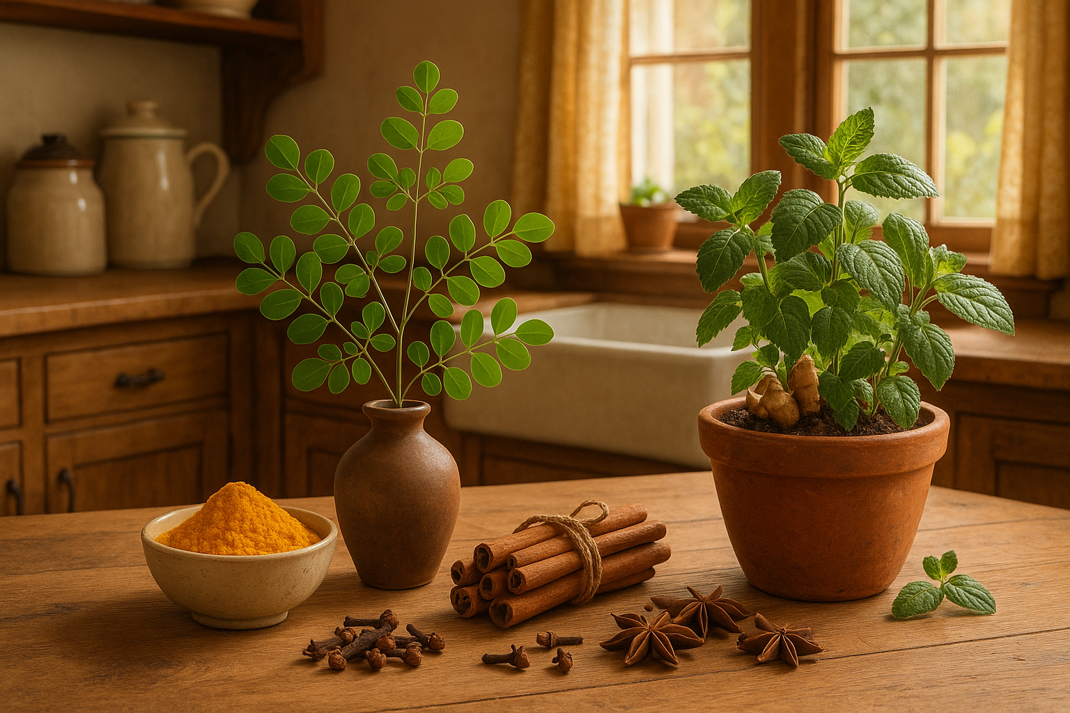 country kitchen with a counter with turmeric, moringa tree leaves in a vase, cloves, cinnamin sticks, ginger mint and basi growing in a pot